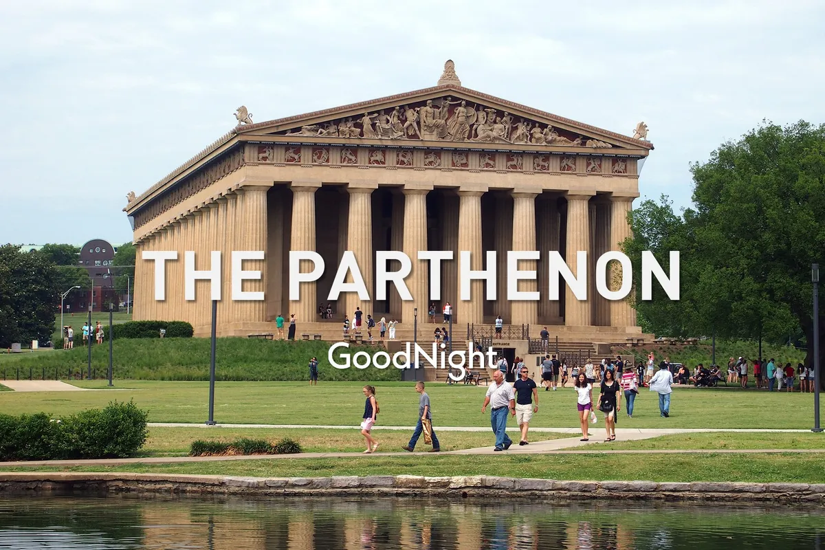 This exterior shot highlights The Parthenon in Centennial Park, with visitors strolling and relaxing amidst lush greenery and reflective water. The scene radiates a celebratory atmosphere, emphasizing outdoor exploration, sightseeing, and the chance to make lasting memories together.